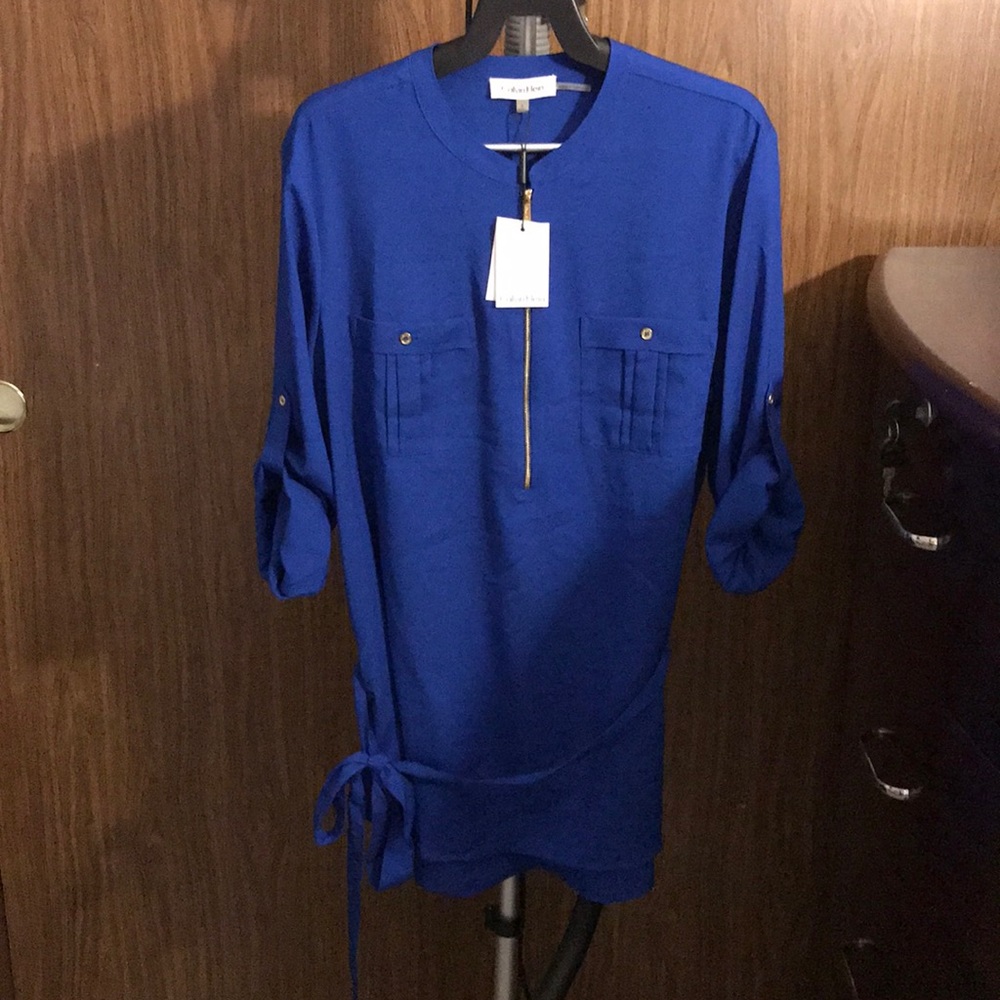 New Calvin Klein blue zipper top with tie waist